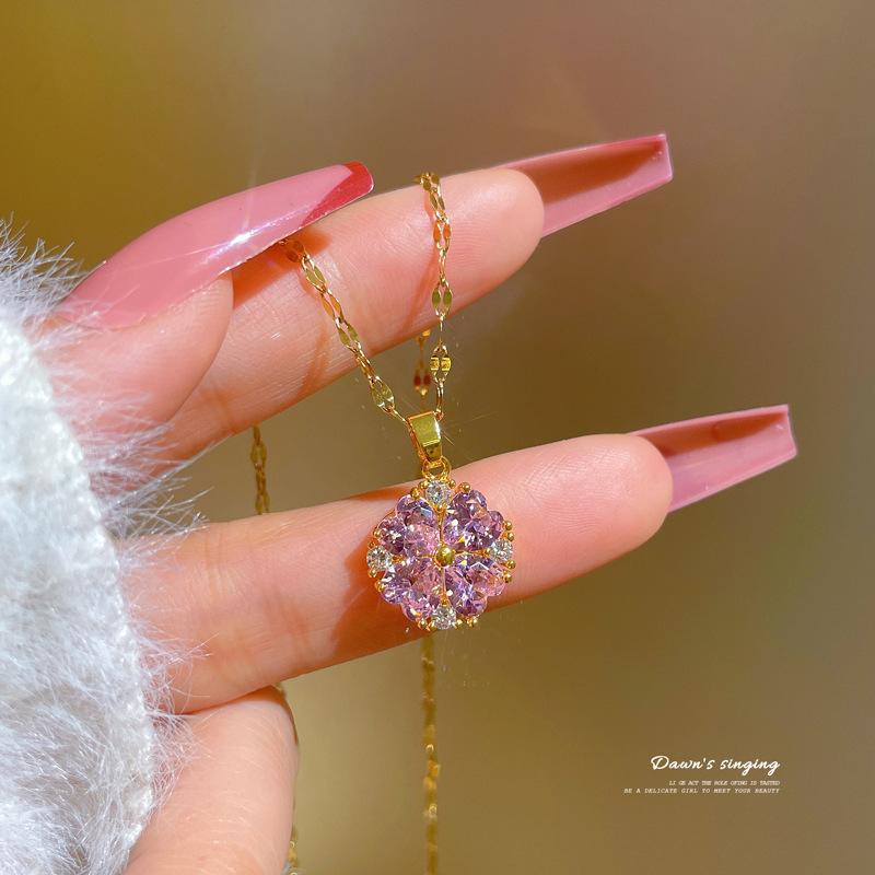 Auspicious Grass Pink Diamond Temperament Micro Diamond Necklace Women'S Exquisite Wind Collarbone Chain With Jewelry