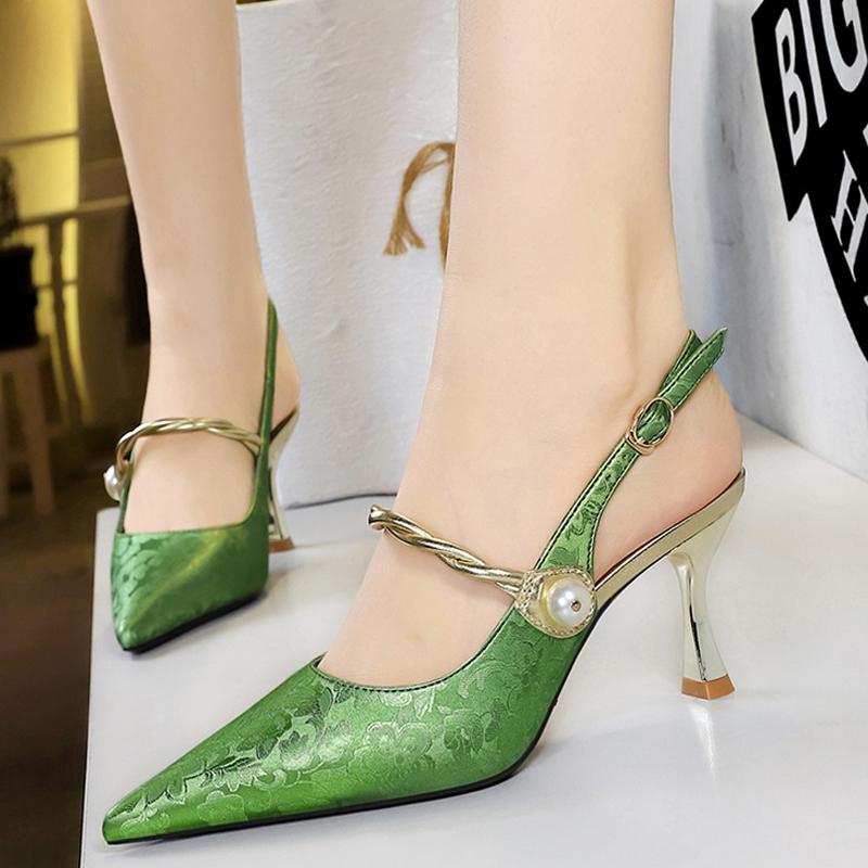2025 New Ethnic Style Women Pumps Silks Satins High Heels Pointed Hollow Women Sandals Metal Heel Kitten Heels Sexy Party Shoes