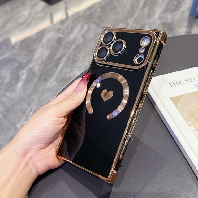 For For Iphone 17 Air Pro Max  Plating Love Heart Frame  Magnetic Phone Case For For Iphone 13 14 15 16 Plus Back Cover