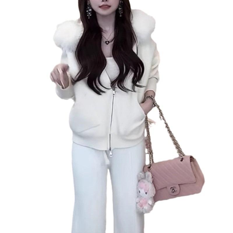 High-end Big Fur Collar Knitted Cardigan Women's Autumn and Winter Lazy Wind Temperament Sweet Sweater Jacket