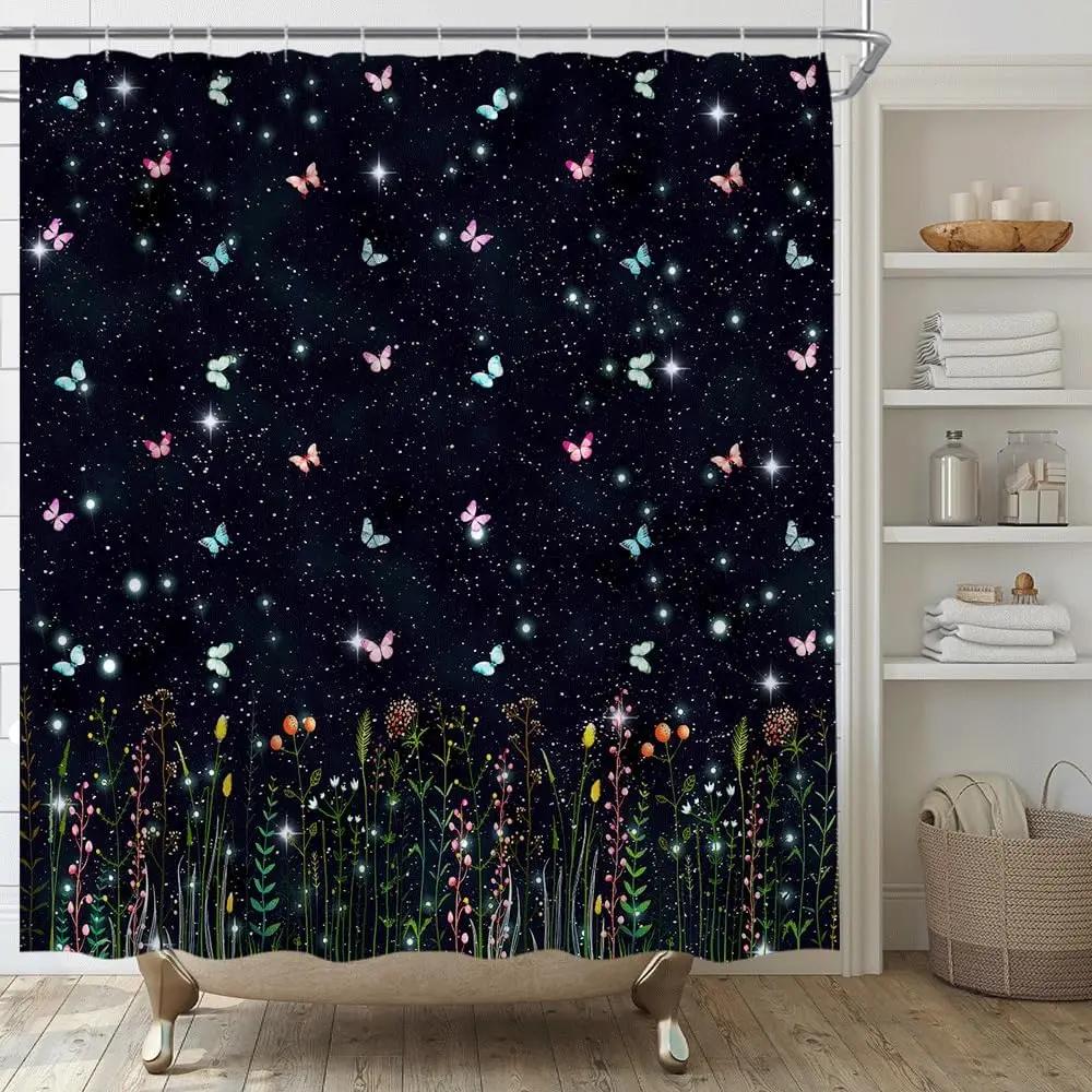 Pink Flower Butterfly Shower Curtain Natural Garden Landscape Home Fabric Bathroom Decoration Shower Curtain With Hook