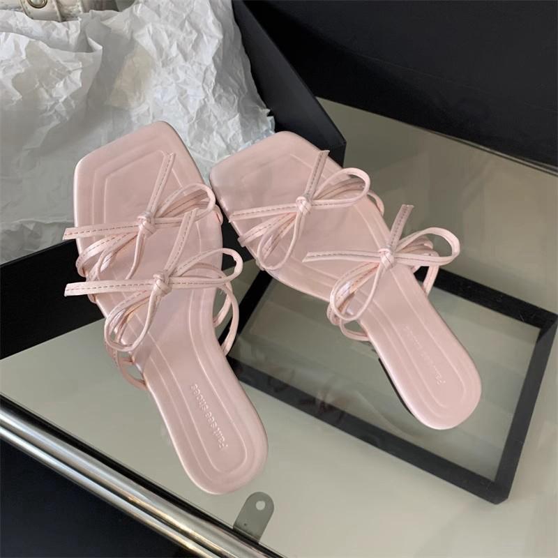 Fashion SUOJIALUN 2025 Summer New Brand Women Slipper Fashion Bow-knot Square Toe Slip On Ladies Slides Shoes Flat Heel Beach Sandal Sho