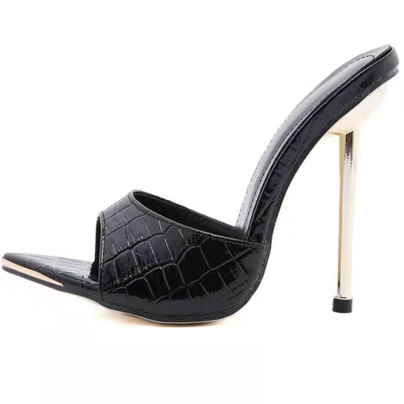 22 new European and American sexy snakeskin pattern pointed stiletto cool slippers simple solid color large size banquet shoes