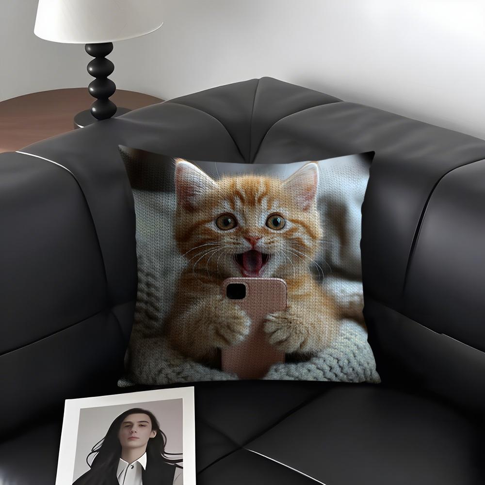 Cute Cat Playing Phone Cushion Cover Natural Linen Organic Fabric DoubleSided Printing Sofa Home Decor Gift Pillow Case