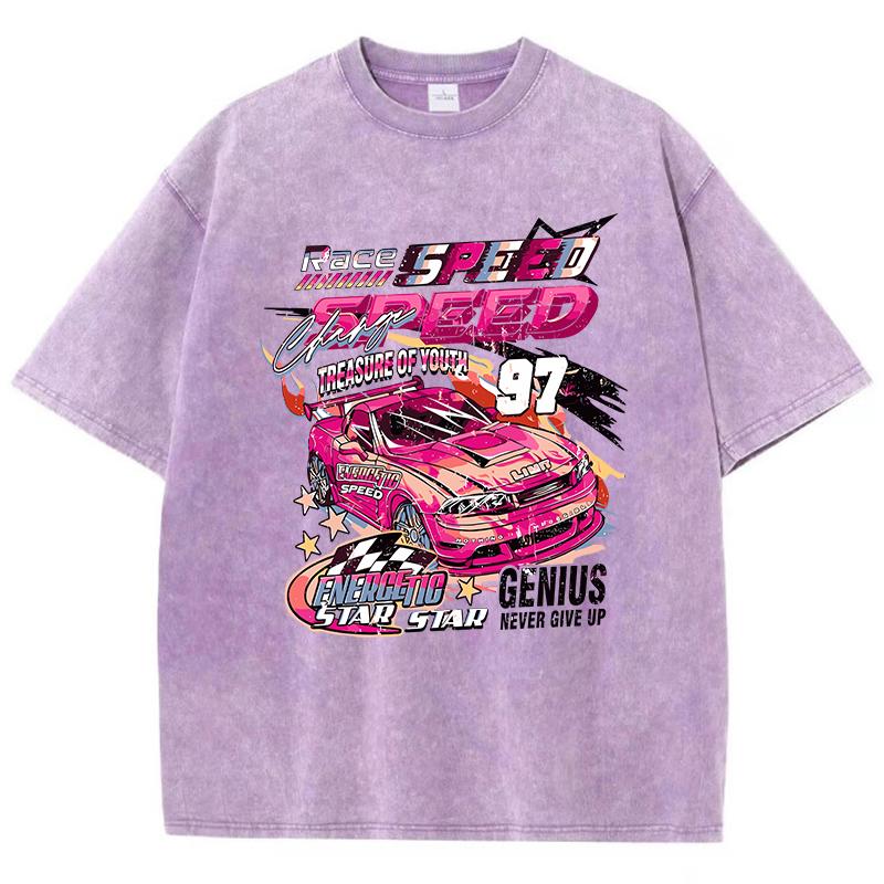 Oversized Woman Washed T-Shirts Race Car Energetic Speed Print Short Sleeve Distressed Crewneck Cotton Tops Trend Clothes