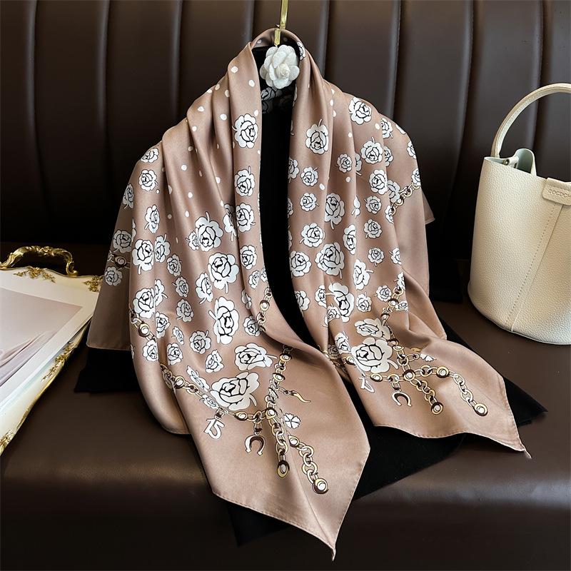 Women's Retro Twill Silk Scarf - 90cm Versatile Shawl for Travel & Sun Protection