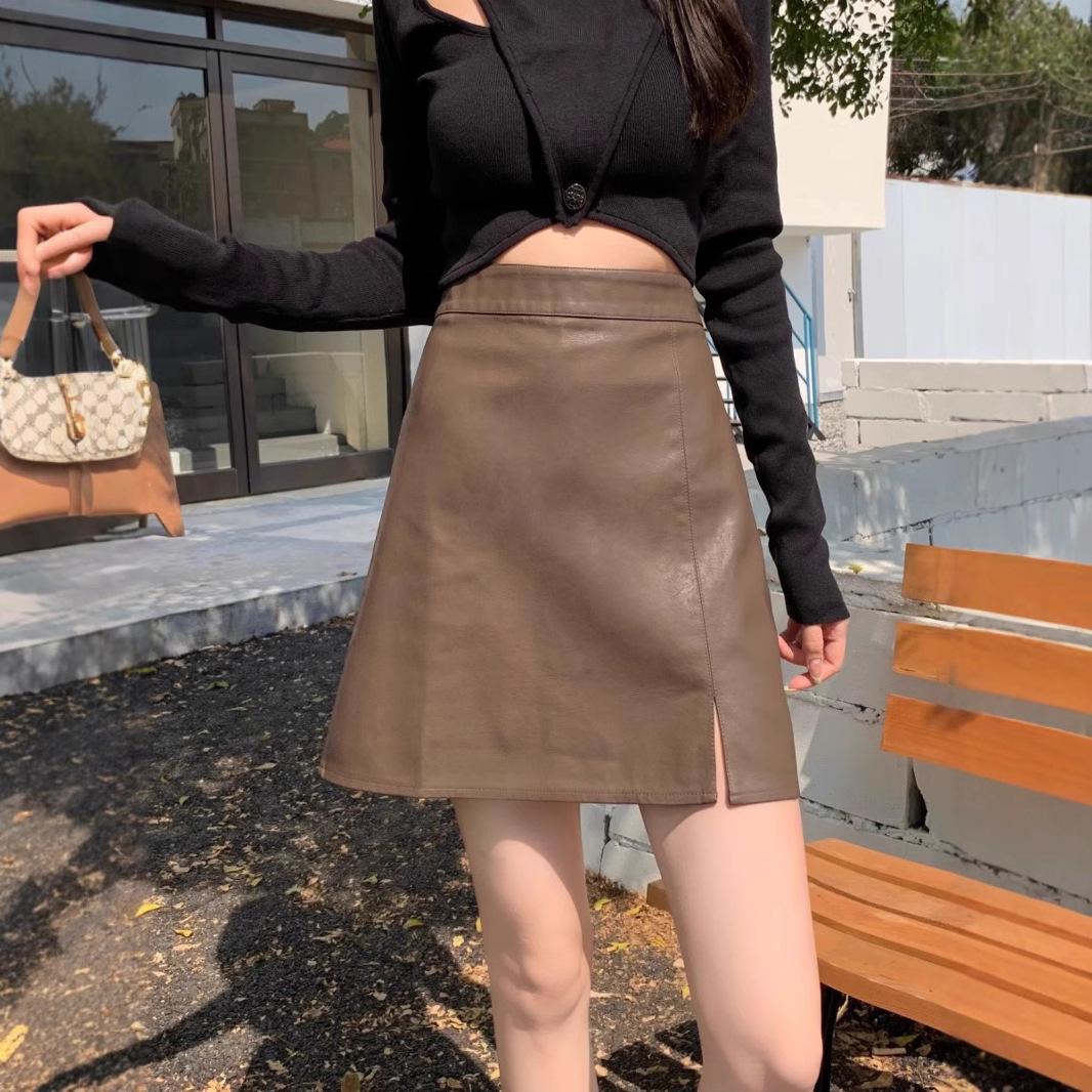

2023 Fall/Winter Women s High Waist PU Leather Mini A-Line Skirt with Slit XL