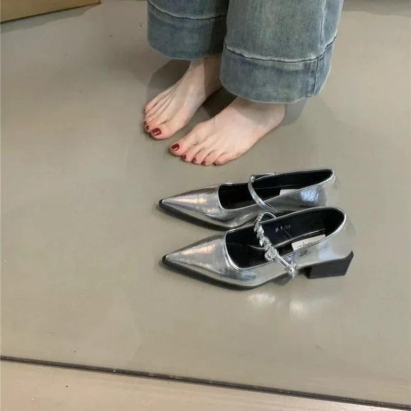 Fashion 2024 New Style Silver Leather Shoes Fashion Pointed Low Heel Mary Jane Women's Casual Shoes