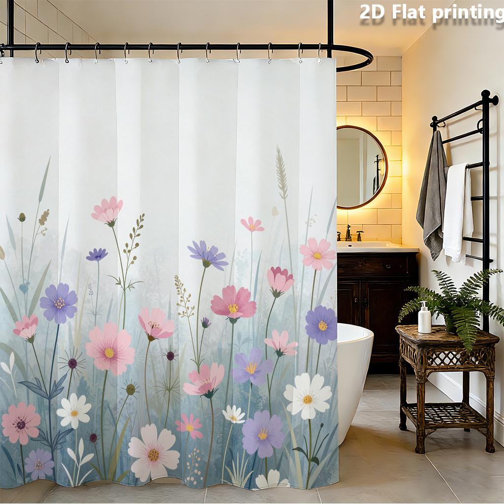 Pastel Floral Shower Curtain 1Pc Polyester 2D Flat Print 70.8X70.8 Inch Soft Watercolor Wildflowers Modern Bathroom Decor