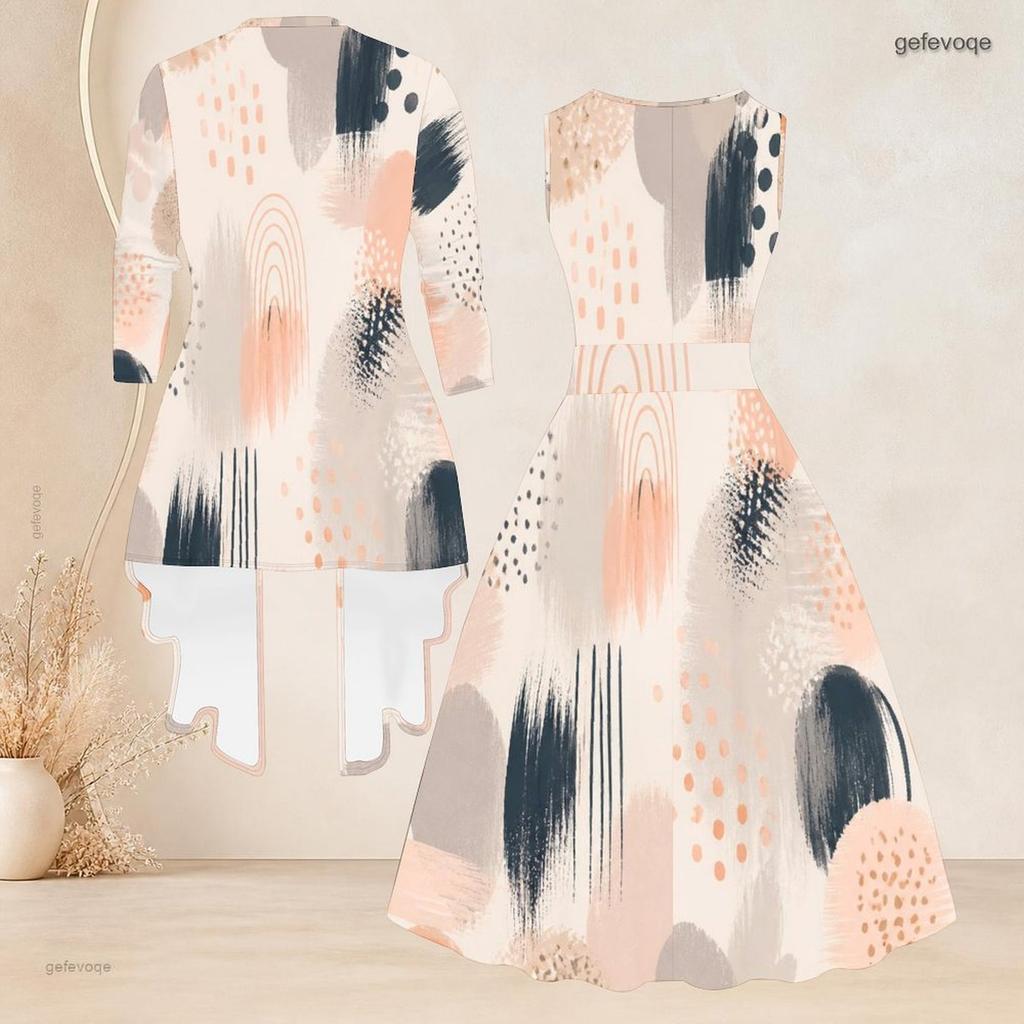 Women Plus Size Two Piece Outfit 3 4 Sleeve Open Front Cardigan Sleeveless Crew Neck Printed Tie Waist Flared Dress