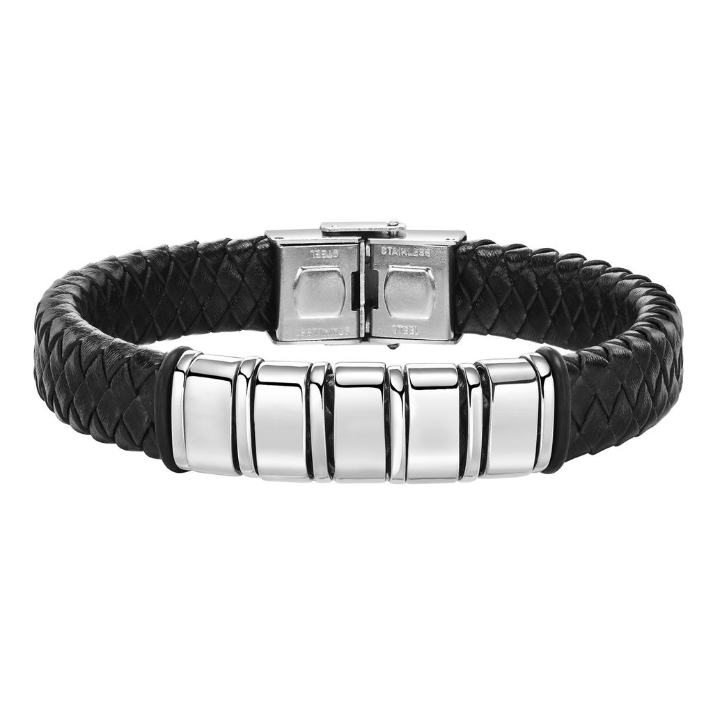 Custom Beaded Braided Bracelets For Men Leather Stainless Steel Black Silver Color Personalized Bangle Name Family Father Gift