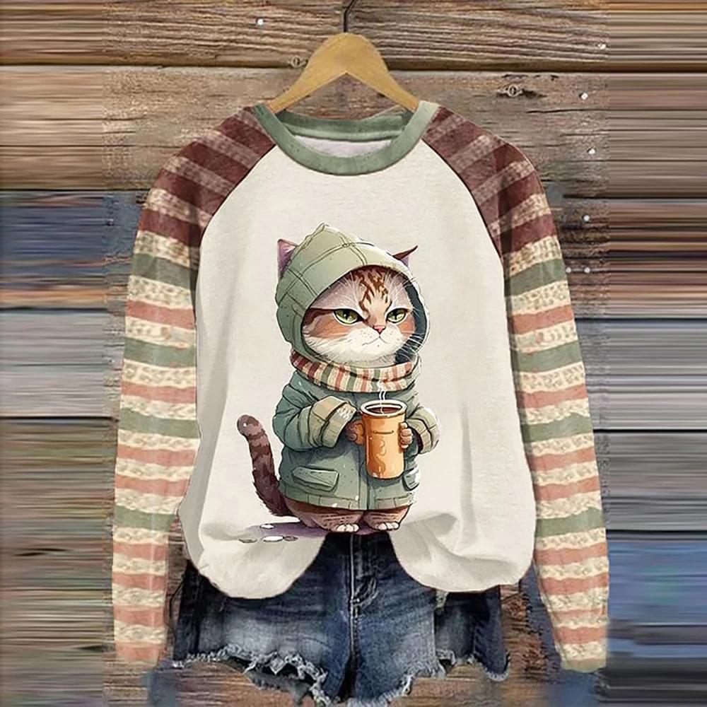 Wiosenne i jesienne bluzki damskie z okrągłym dekoltem, z uroczym wzorem kota drukowanym w 3D, modne i codzienne, z długim rękawem