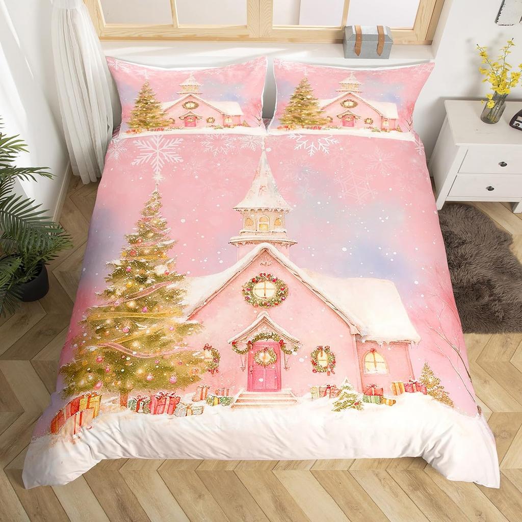 God Jul Sängkläder Rosa Påslakan Full Storlek Julgran Snögubbe Påslakan Drömsk Snöflinga Sängöverkast 3 delar