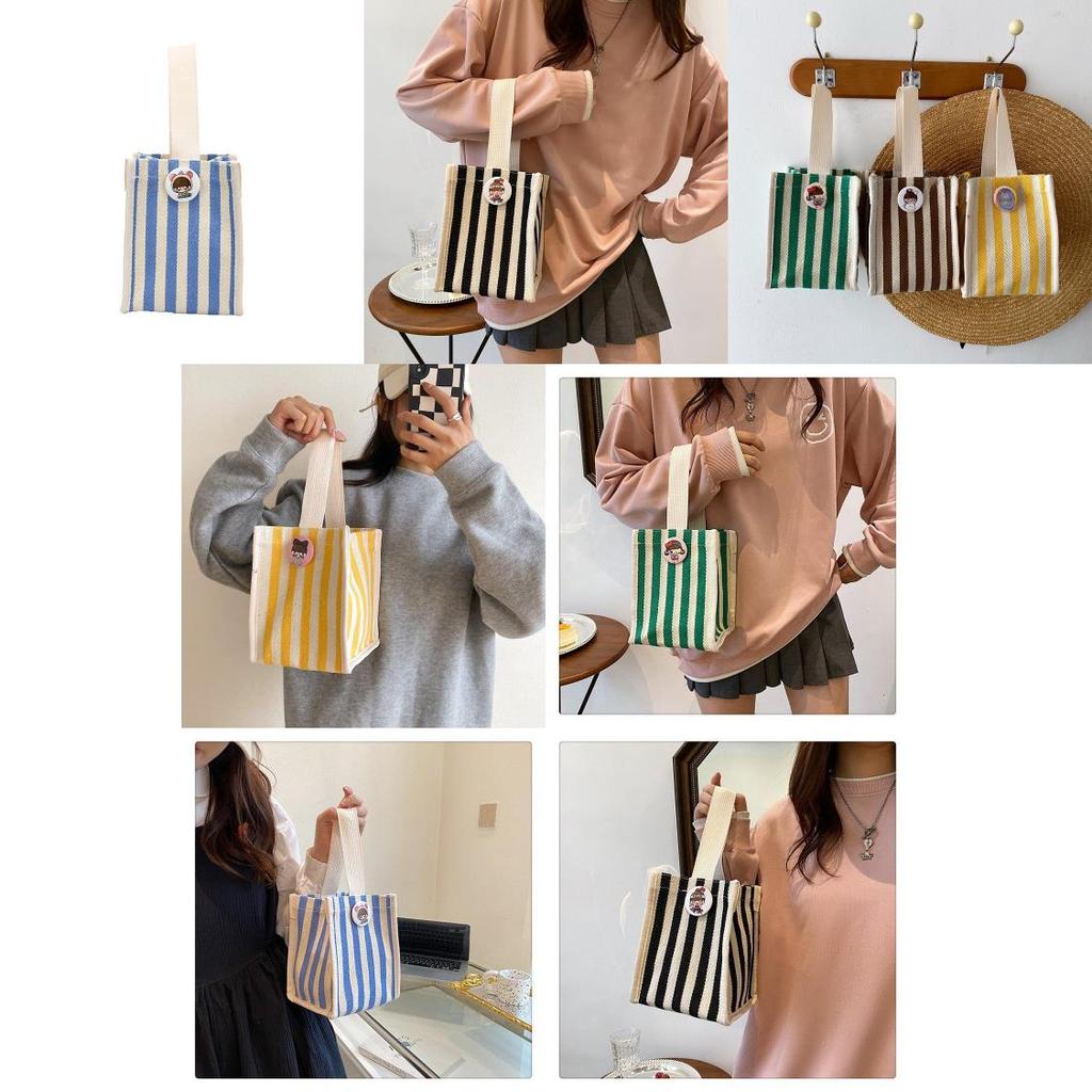 Stylish Colorful Striped Nylon Shoulder Tote Bag For Women Trendy Handheld Lunch Bag