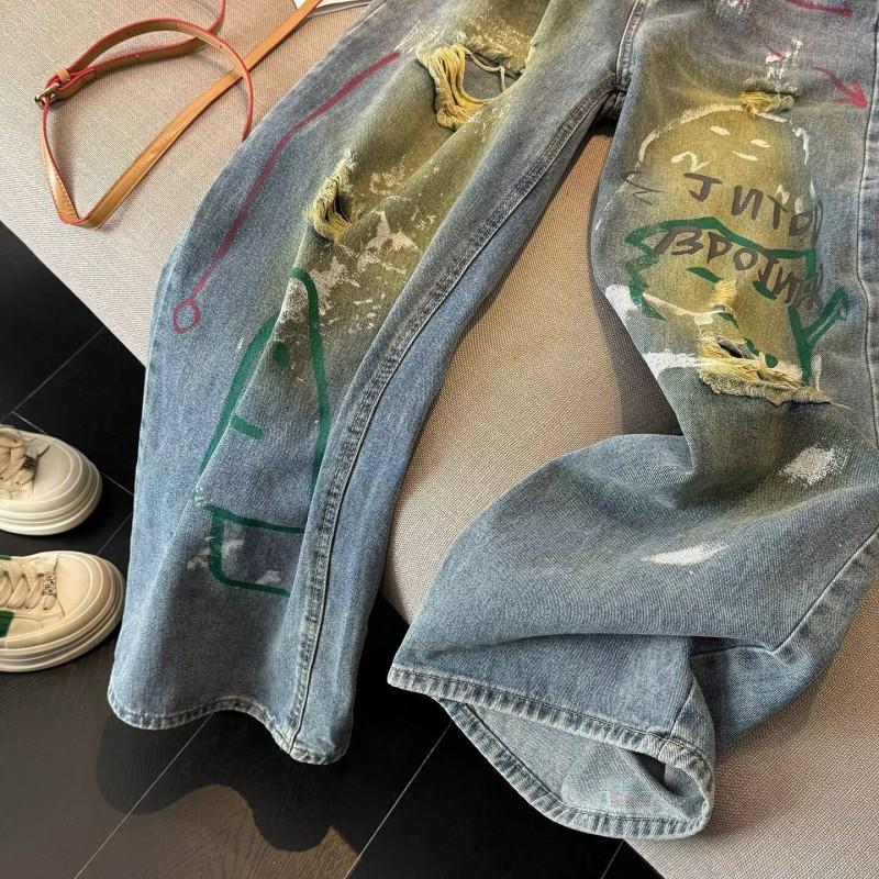 Womens High-Waisted Straight Cut Denim Pants With Embroidery Detail Loose Fit Long Trousers Casual Wear
