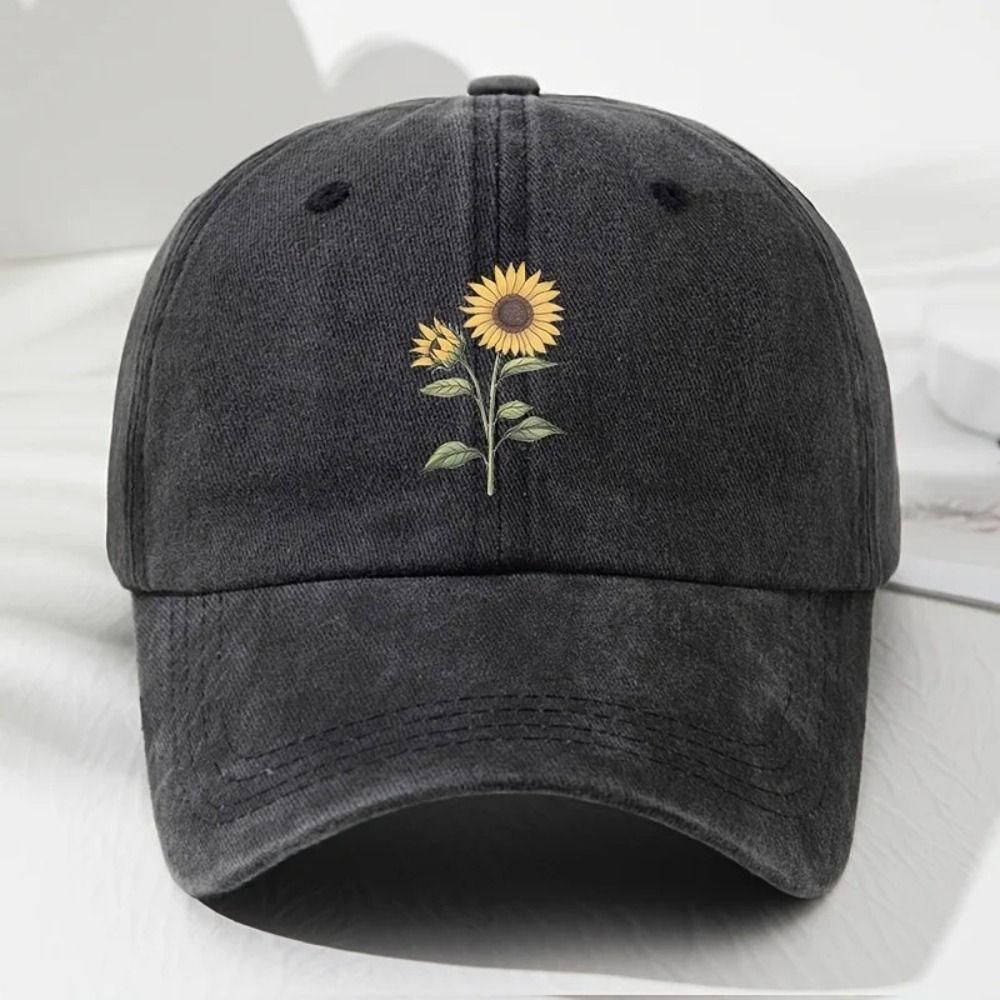 Sunflower Printed Baseball Cap Washed Cotton Sun Hat Vintage Dad Hat  For Women Man