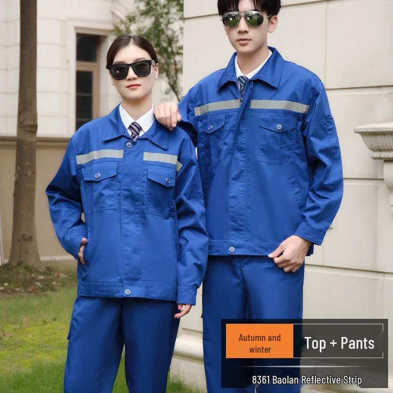 Reflective Polyester Cotton Workwear Set - Durable, Dirt-Resistant Clothes for Spring and Autumn Construction and Workshop Use
