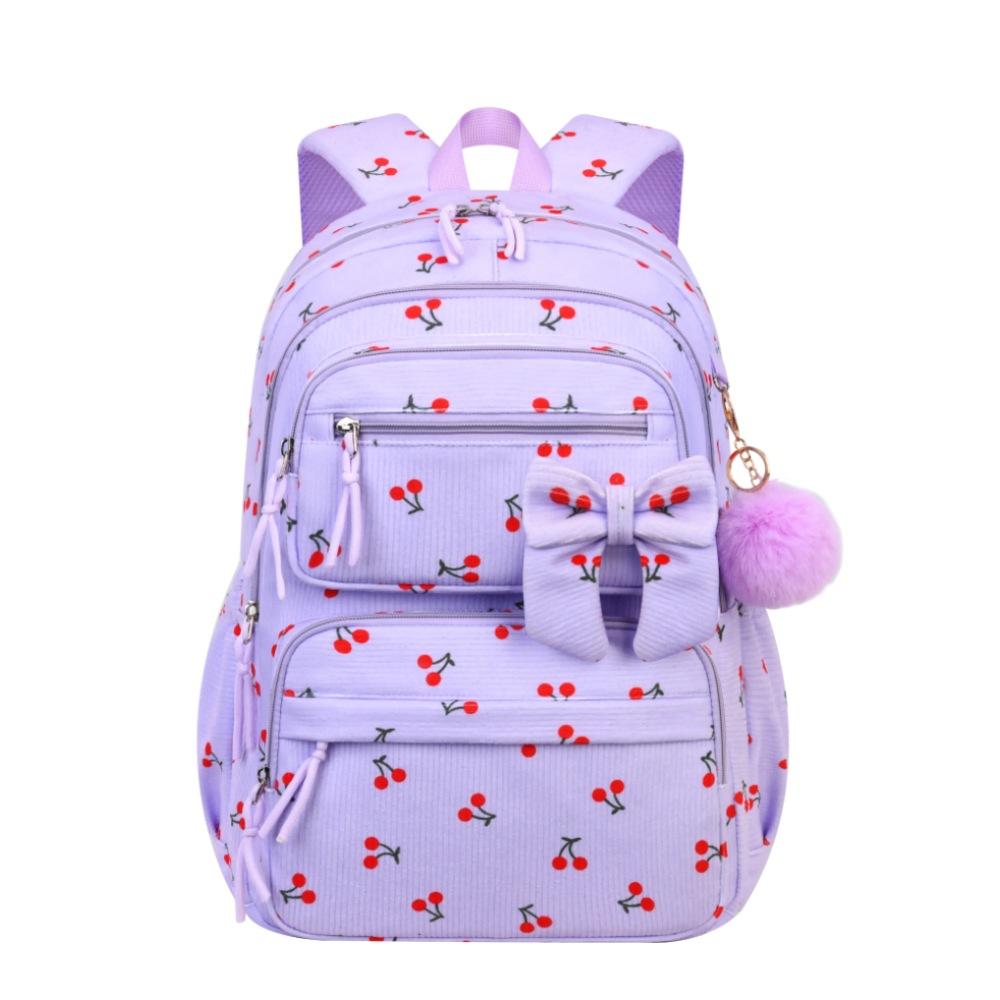 Corduroy Three-Piece Backpack Cherry Pattern Girl Heart Large Capacity Lightweight Backpack