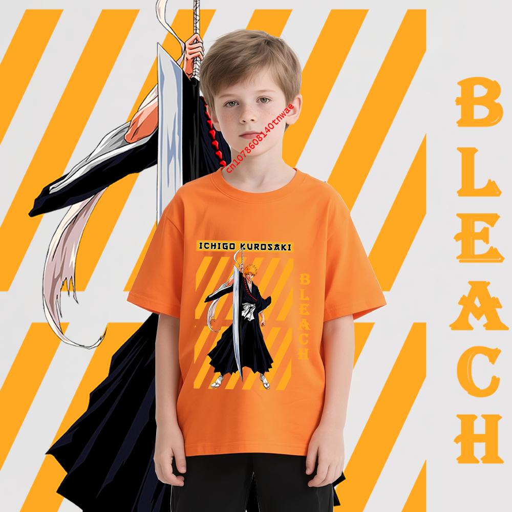 Bleach Ichigo Kurosaki Anime Print Cotton T Shirt for Boys Cartoon T shirts Kids Short Sleeve Tee Childrens Clothing