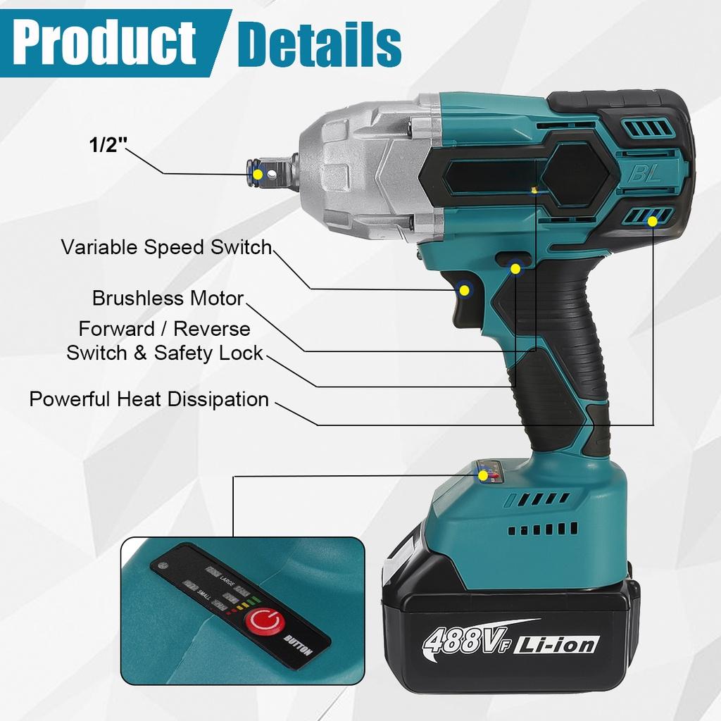 488Vf 1500N.m 1/2 Socket High Torque Brushless Wrench Cordless Electric Impact Wrench Power Tools For 18V Battery