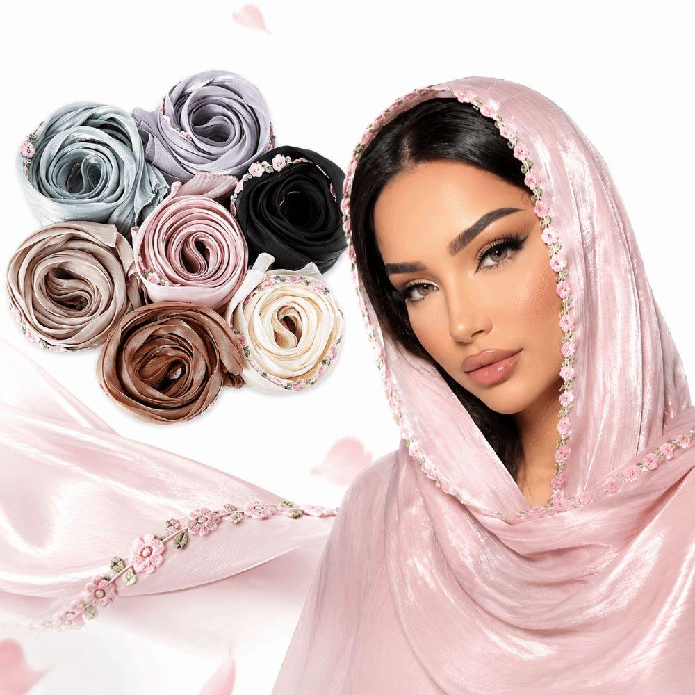 Lightweight Women’s Headscarf Shiny Modest Wrap Versatile Lace Trim Shawl Formal Events