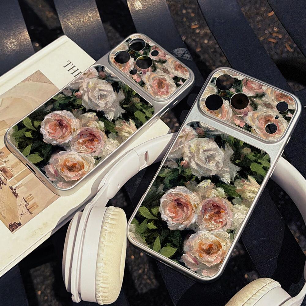 Oil painting rose is suitable for Apple 16ProMax seconds to change the leather mobile phone case 15/14 all-inclusive 17 advanced tide case