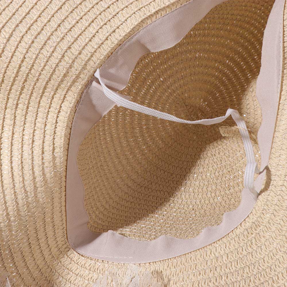 Spring Summer Bow Ribbon Straw Hat French Style Women's Sun Hat Lace Pearls Straw Hat  Outdoor