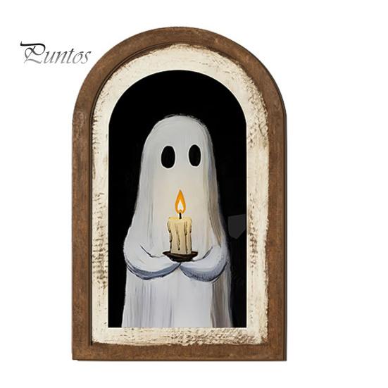 Cute Ghost Arch Shaped Sign Halloween Wall Decor, Table Sign, Vintage Framed Fall Season Decorative Accent Picture, Art for Mantel Living Room Bedroom
