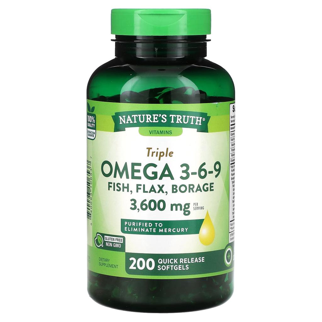 Nature's Truth Vitamins, Triple Omega 3-6-9, Fish, Flax, Borage, 3,600Mg, 200 Rapid Release Softgels (1,200Mg Per Softgel)