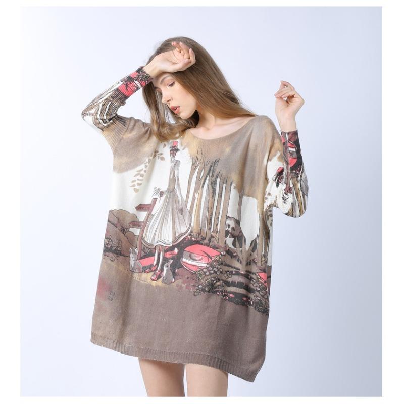 Printed Slash Neck Medium Long Knitwear European Style Loose Oversized Sweater Women's Long Sleeved Knitted Pullover New Fashion Autumn
