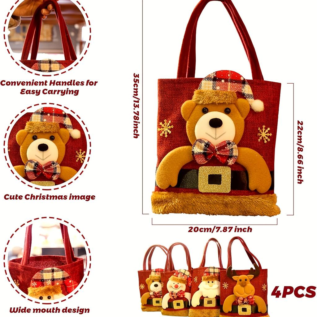 4er Set Weihnachts-Stofftier-Geschenktaschen mit robusten Polyester-Haltern - Nikolaus, Schneemann, Rentier & Bär Design Schneeflockenmuster