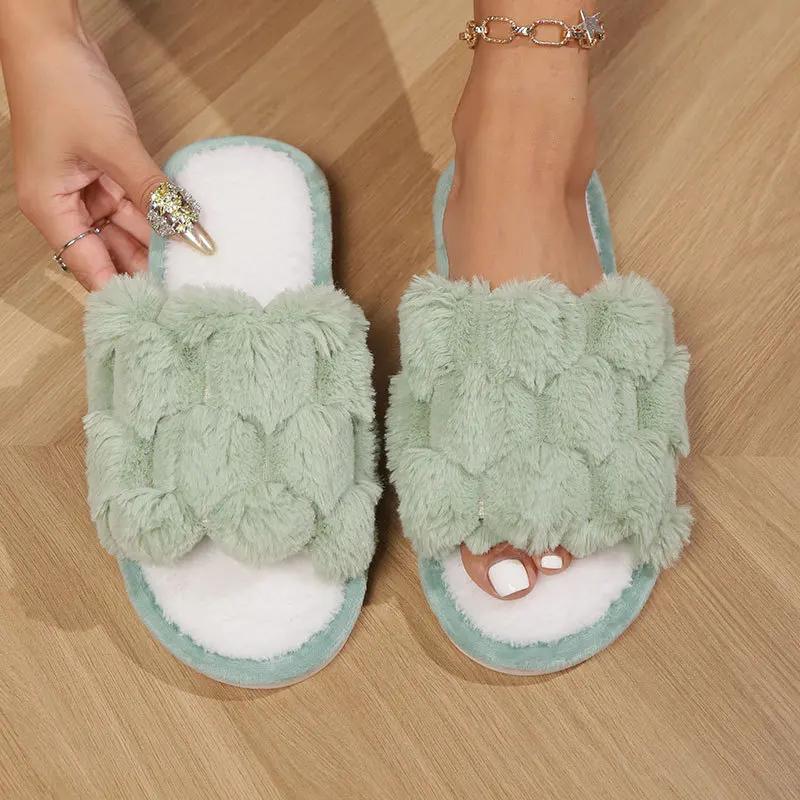 Fashion Faux Rabbit Fur House Slippers for Women Soft Sole Open Toe Home Cotton Shoes Woman Lightweight Warm Fluffy Indoor Slippers 2025