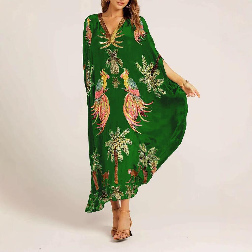 Women's Bat Sleeve V-neck Print Loose Long Classic Retro Dress Clothes Sale
