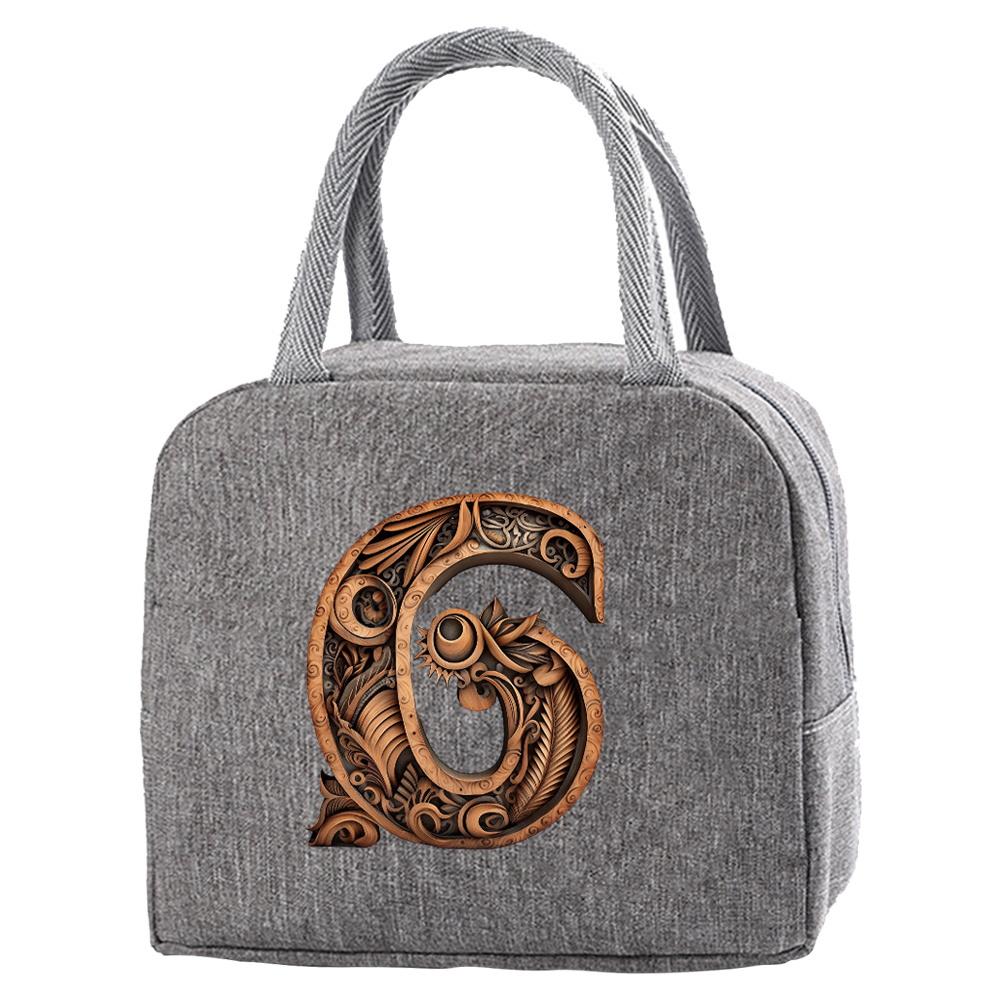 Portable Food Insulation for Traveling Wood Art Letter Printing Box Picnic Waterproof Oxford Zipper Insulation Lunch Bag