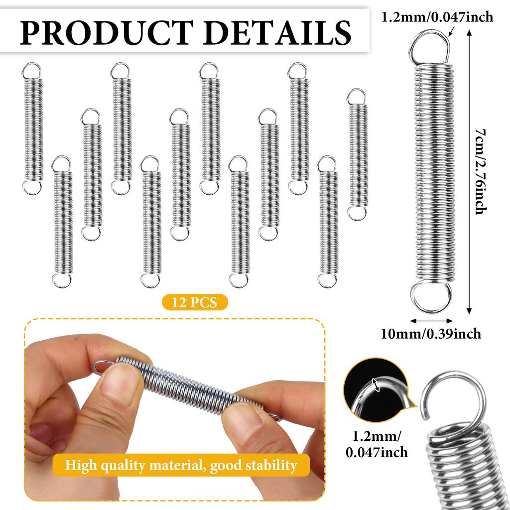 12Pcs Extension Spring 2/5 Inch X 2-4/5 Inch, 0.047 Inch Spring Steel Dual Hook Tension Springs Steel Hook Ends Construction Ten