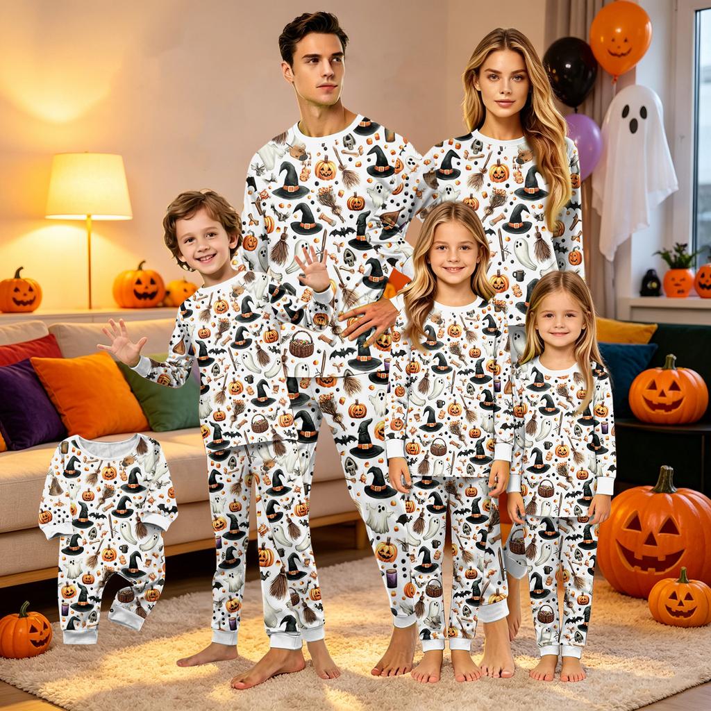 Family Matching Halloween Printed Pajama Set, Long Sleeve Top and Pants for Mom and Kids