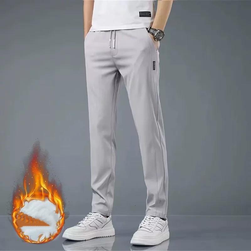 Winter Fleece Golf Casual Pants Men Business Slim Stretch Jogger Thick Trousers Korean Classic Elastic Waist Velvet Male Pants