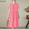 ZANZEA Women Casual Round Neck Solid Color Summer Short Sleeve Dress