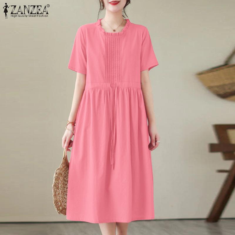 ZANZEA Women Casual Round Neck Solid Color Summer Short Sleeve Dress