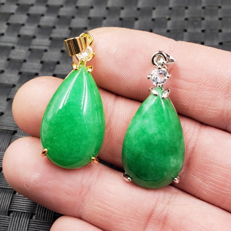 Green Jade Water Drop Pendant Necklace Silver 15x25mm