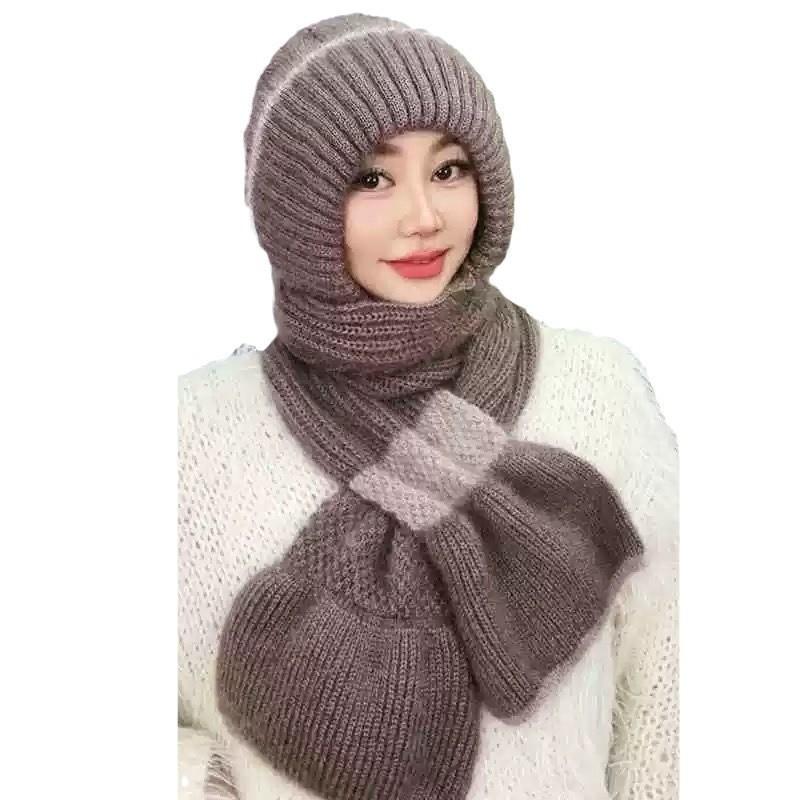 Winter warm neck protection mother ear protection headgear fleece knitted snow hat scarf integrated hat women