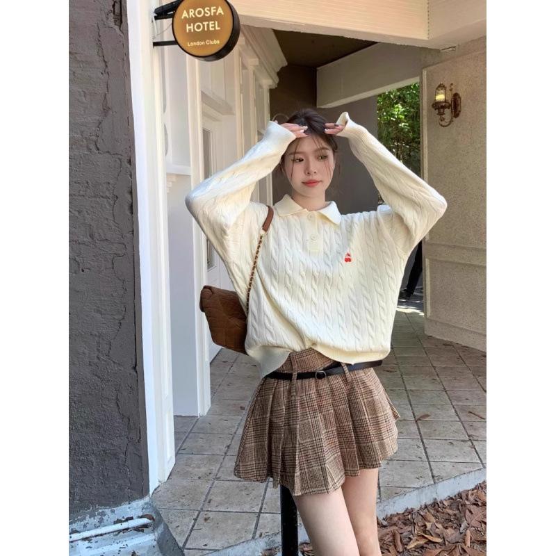 American Retro Polo Collar Sweater for Women - Blue Cable Knit Autumn Winter Top