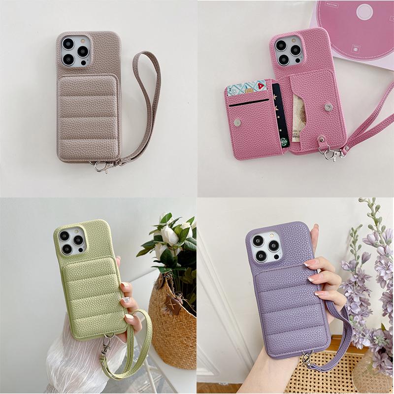 Wrist Strap Wallet Phone Case for iPhone 15 14 13 12 11 Pro Max Luxury Litchi Patterned Shockproof PU Leather Cover
