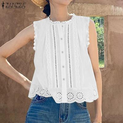 Damskie codzienne topy bez rękawów z okrągłym dekoltem i ażurowym wzorem na lato