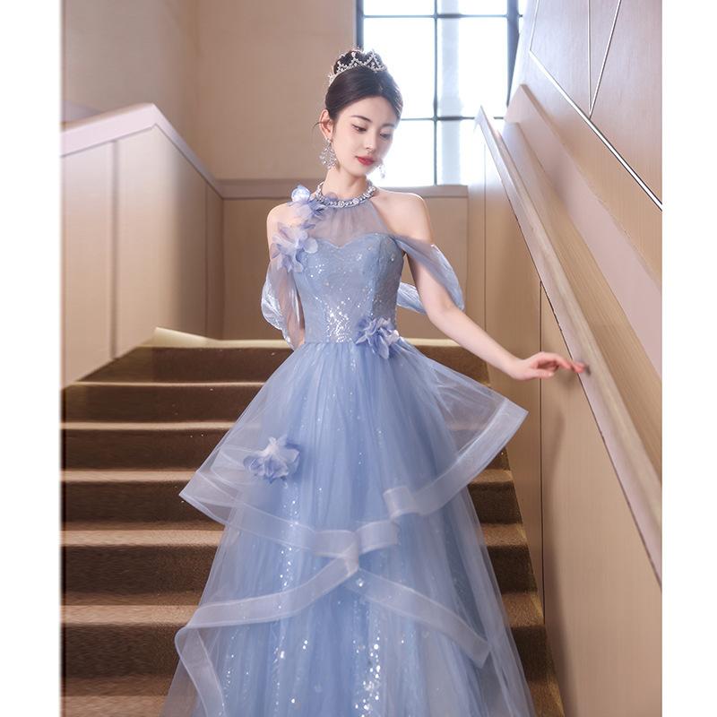 Blue Banquet Evening Dress Dress Women's 1011 New High-end Light Luxury Niche Host Advanced Sense Art Test Adult Ceremony