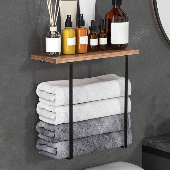 Wall Mounted Towel Holder with Wood Shelf Strong Load-bearing Easy To Install Multi-functional Bathroom Towel Rack Storage Holder