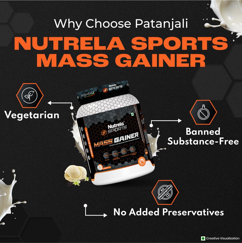 Nutrela Sports Mass Gainer 1KG Vanilla Ice Cream Protein Powder for Muscle Growth and Fitness