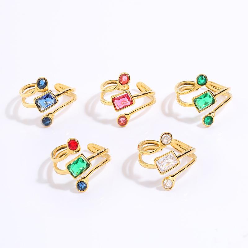 Personalized Design Open Stainless Steel Ring Female Color Zircon Couple Pair Ring Sugar Cube Ring Does Not Fade