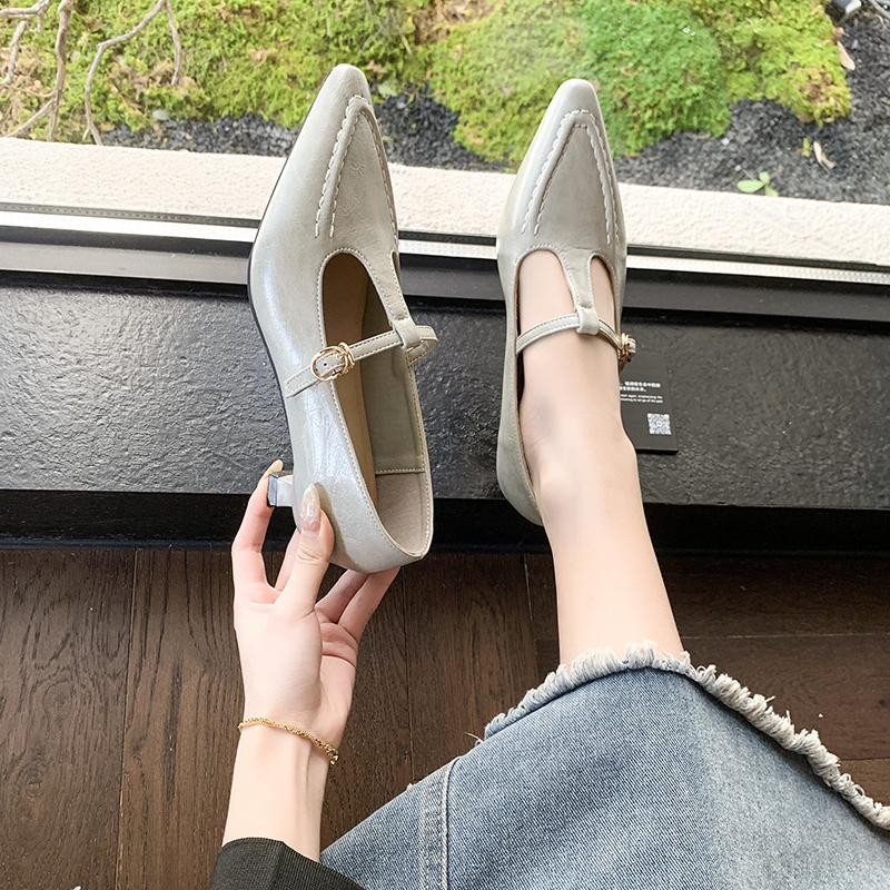 Elegant Pointed Toe Mary Jane Shoes Women's Spring Autumn New Style Thin Medium Heel Leatherette Single Shoes Buckle Strap