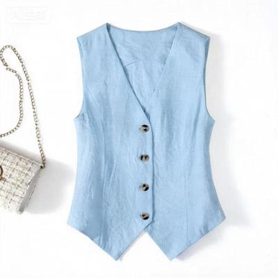 Gilet estivo da donna in lino, vestibilità slim, a maniche corte: Gilet Blazer Leggero Senza Maniche Scollo a V